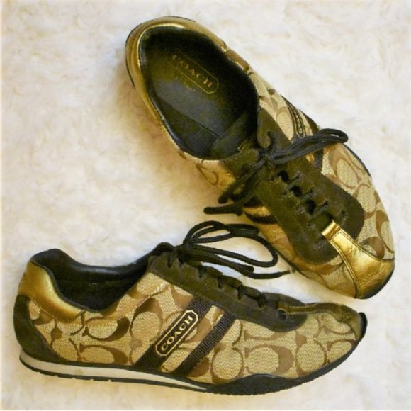 Coach Shoes - Coach Kate shoes sneakers brown stripe gold toe detail size 8 1/2 M EUC